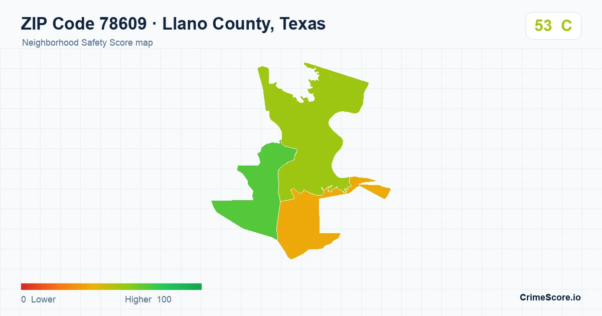 ZIP Code 78609 in Llano County, Texas neighborhood Safety Score map