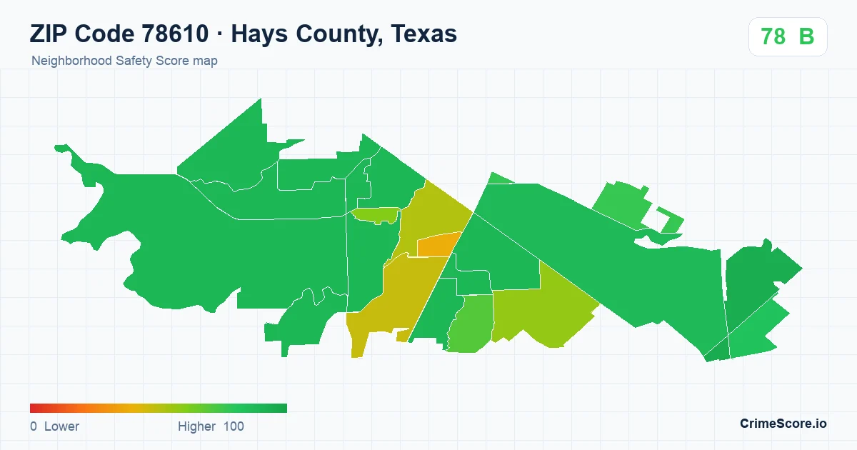 ZIP Code 78610 in Hays County, Texas neighborhood Safety Score map