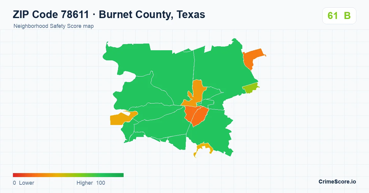 ZIP Code 78611 in Burnet County, Texas neighborhood Safety Score map