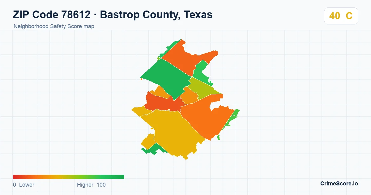ZIP Code 78612 in Bastrop County, Texas neighborhood Safety Score map