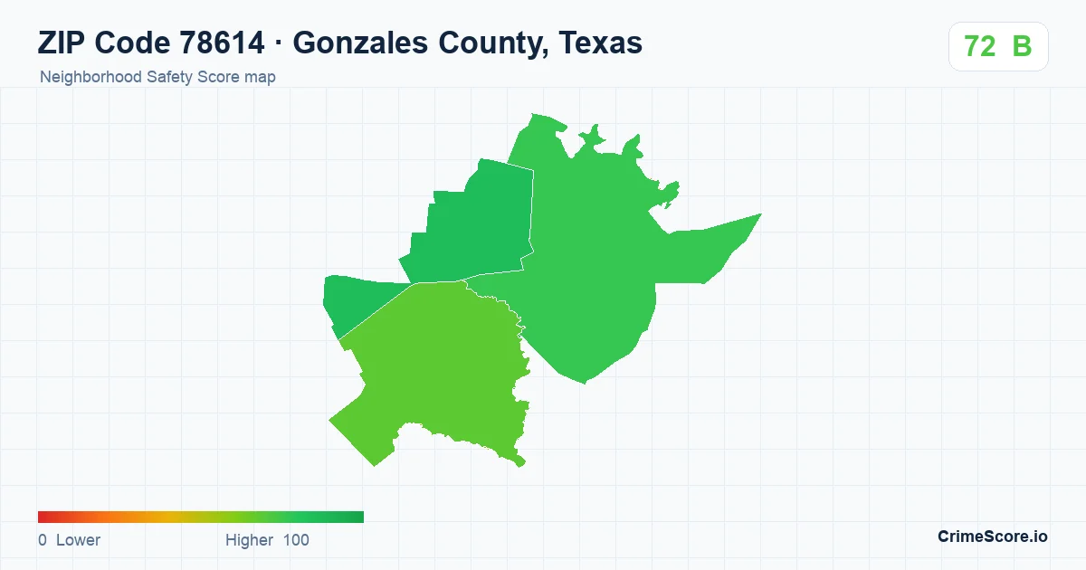 ZIP Code 78614 in Gonzales County, Texas neighborhood Safety Score map