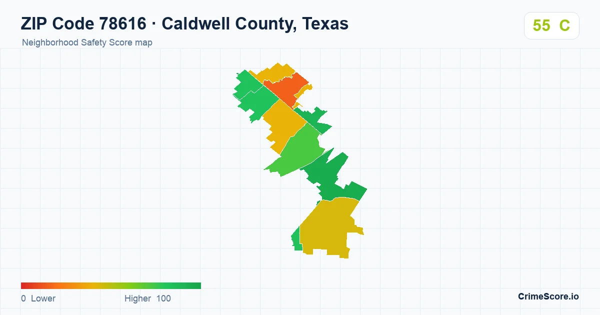 ZIP Code 78616 in Caldwell County, Texas neighborhood Safety Score map
