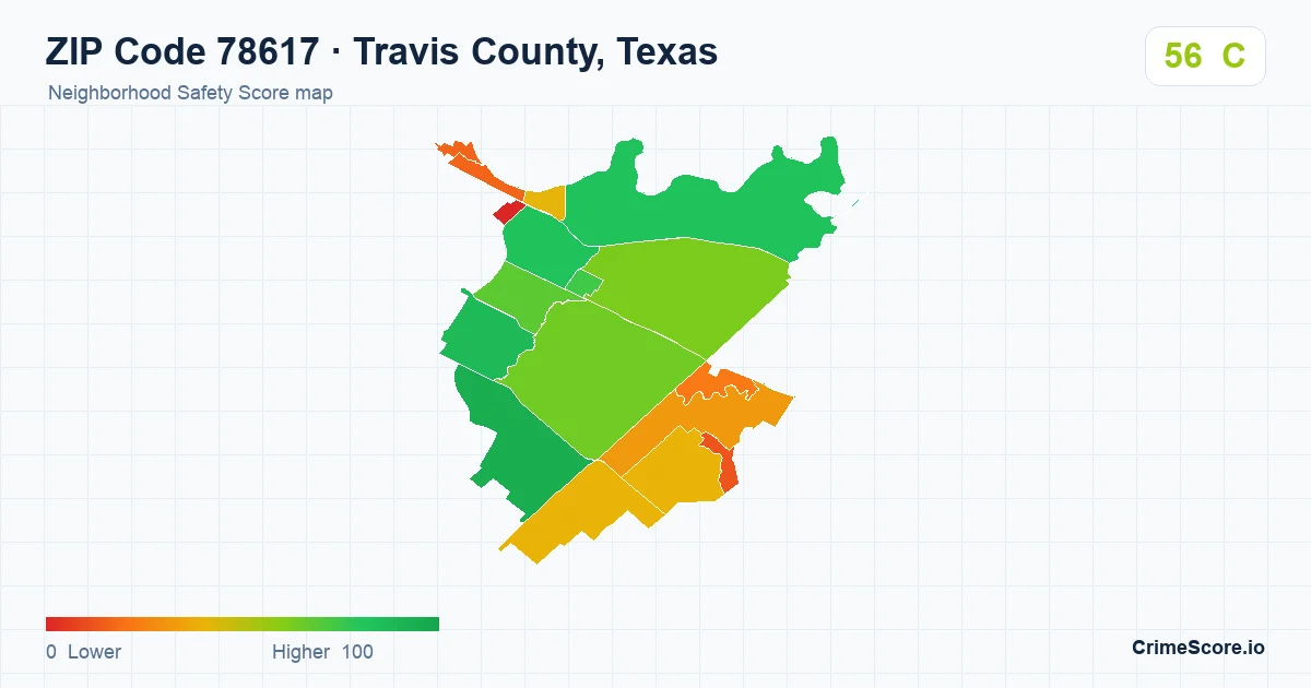 ZIP Code 78617 in Travis County, Texas neighborhood Safety Score map