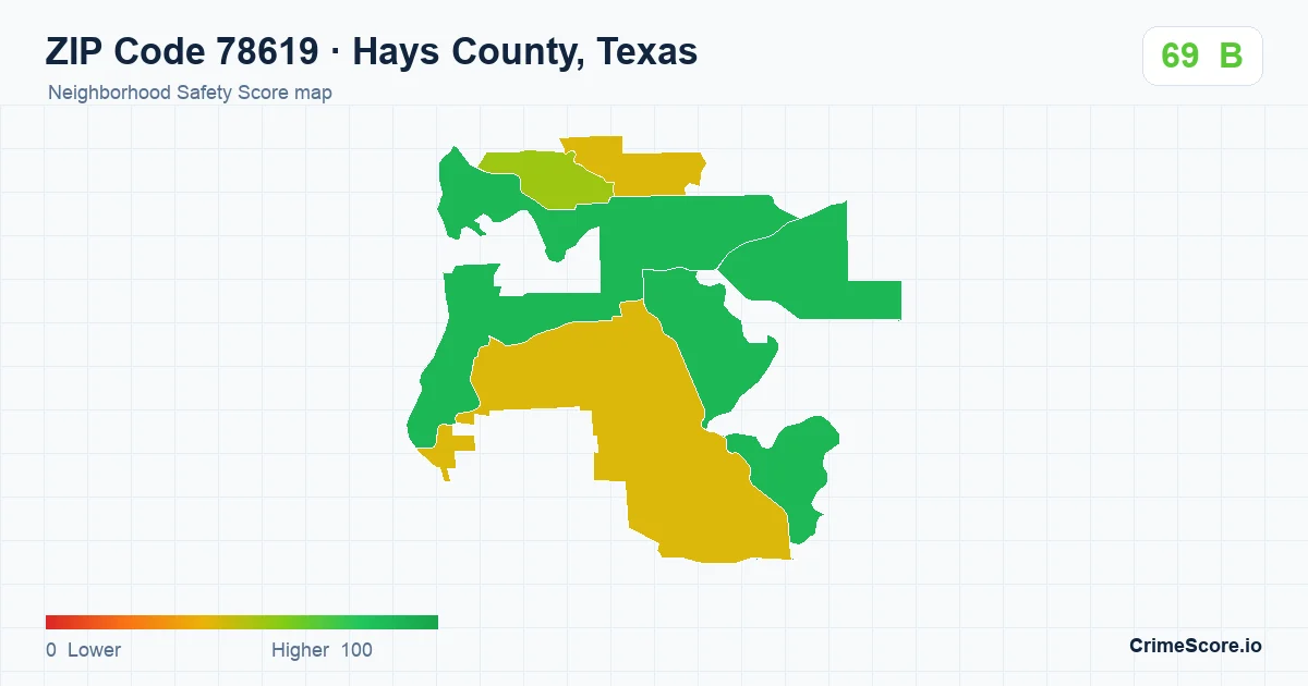 ZIP Code 78619 in Hays County, Texas neighborhood Safety Score map