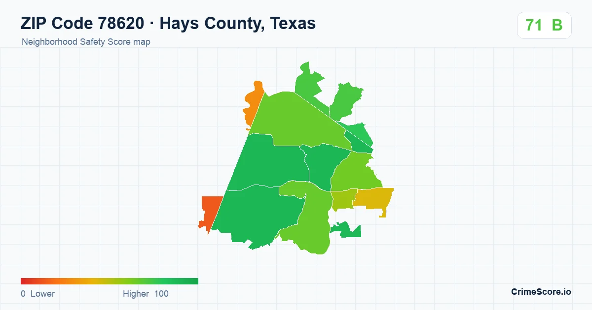 ZIP Code 78620 in Hays County, Texas neighborhood Safety Score map