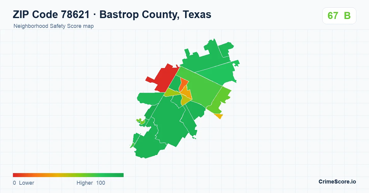 ZIP Code 78621 in Bastrop County, Texas neighborhood Safety Score map