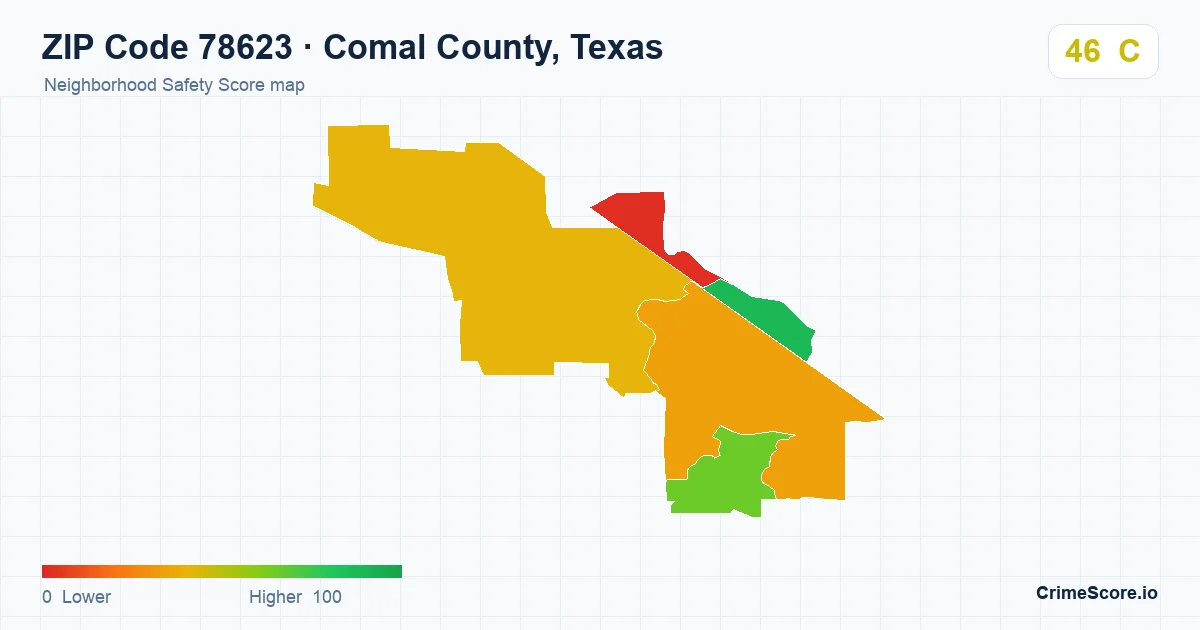 ZIP Code 78623 in Comal County, Texas neighborhood Safety Score map