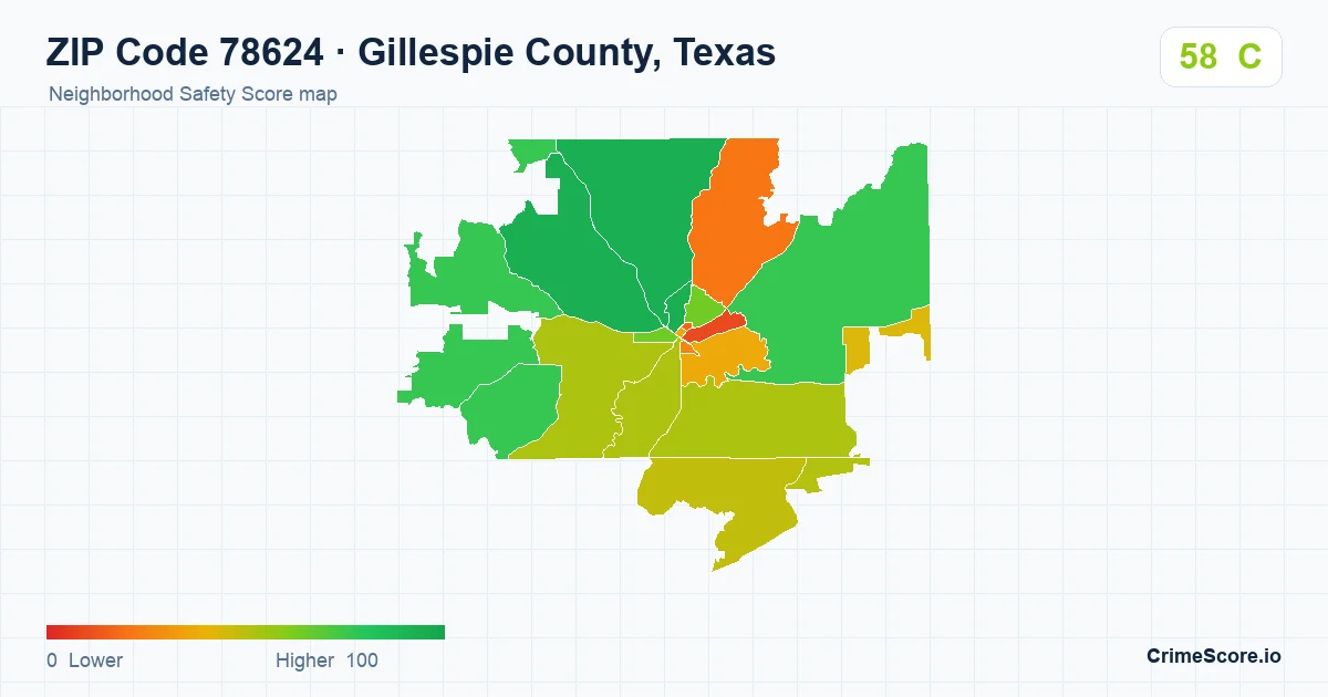 ZIP Code 78624 in Gillespie County, Texas neighborhood Safety Score map