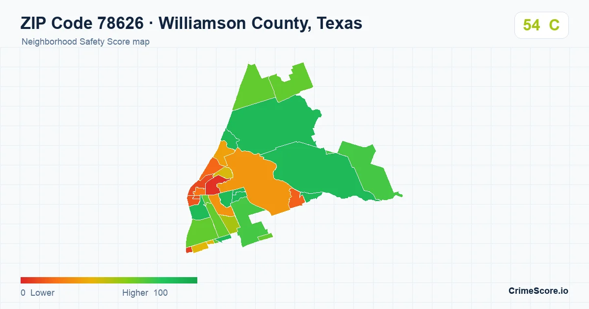 ZIP Code 78626 in Williamson County, Texas neighborhood Safety Score map