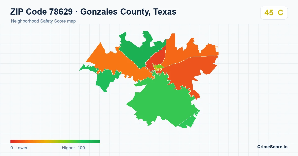 ZIP Code 78629 in Gonzales County, Texas neighborhood Safety Score map