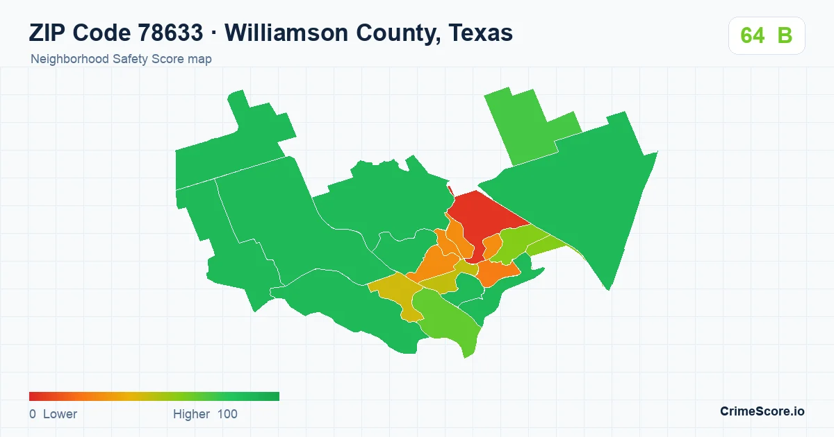 ZIP Code 78633 in Williamson County, Texas neighborhood Safety Score map