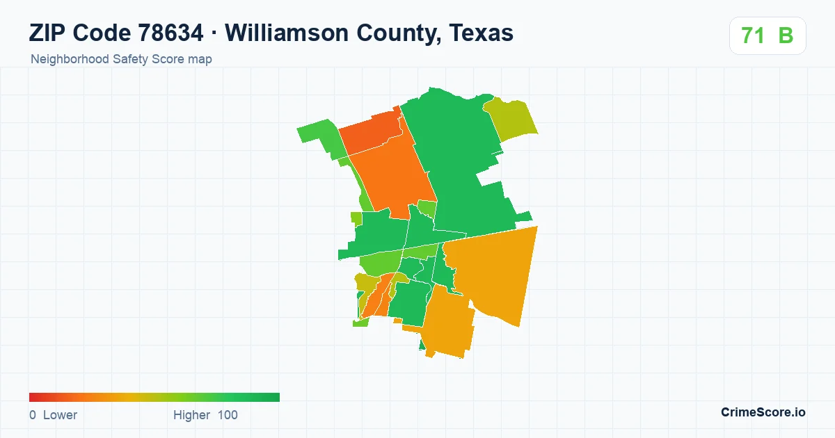 ZIP Code 78634 in Williamson County, Texas neighborhood Safety Score map