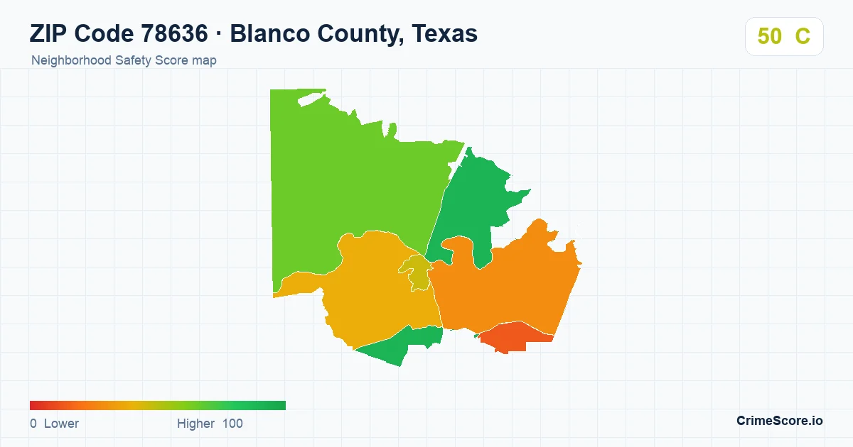 ZIP Code 78636 in Blanco County, Texas neighborhood Safety Score map