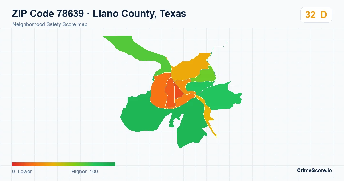 ZIP Code 78639 in Llano County, Texas neighborhood Safety Score map