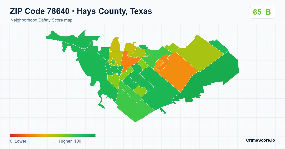 ZIP Code 78640 in Hays County, Texas neighborhood Safety Score map