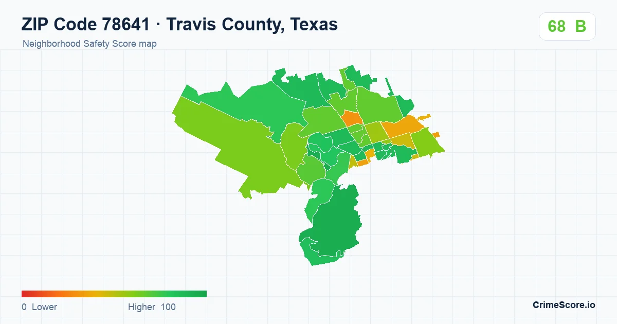 ZIP Code 78641 in Travis County, Texas neighborhood Safety Score map