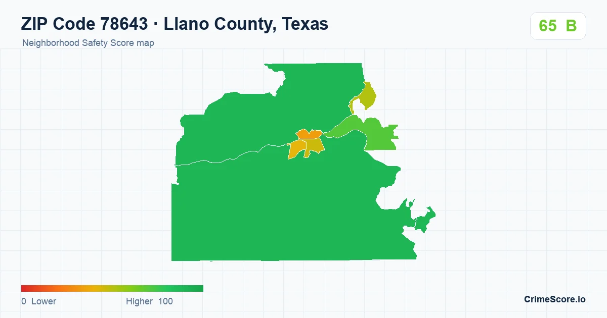 ZIP Code 78643 in Llano County, Texas neighborhood Safety Score map