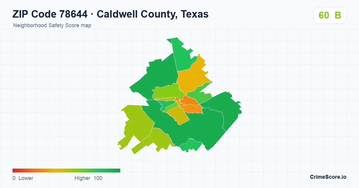 ZIP Code 78644 in Caldwell County, Texas neighborhood Safety Score map