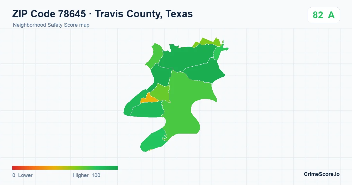 ZIP Code 78645 in Travis County, Texas neighborhood Safety Score map