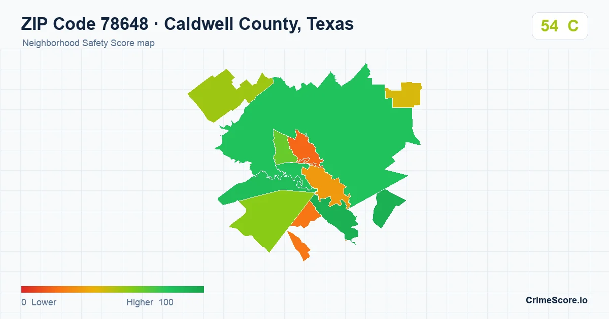 ZIP Code 78648 in Caldwell County, Texas neighborhood Safety Score map