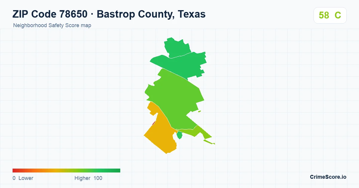 ZIP Code 78650 in Bastrop County, Texas neighborhood Safety Score map