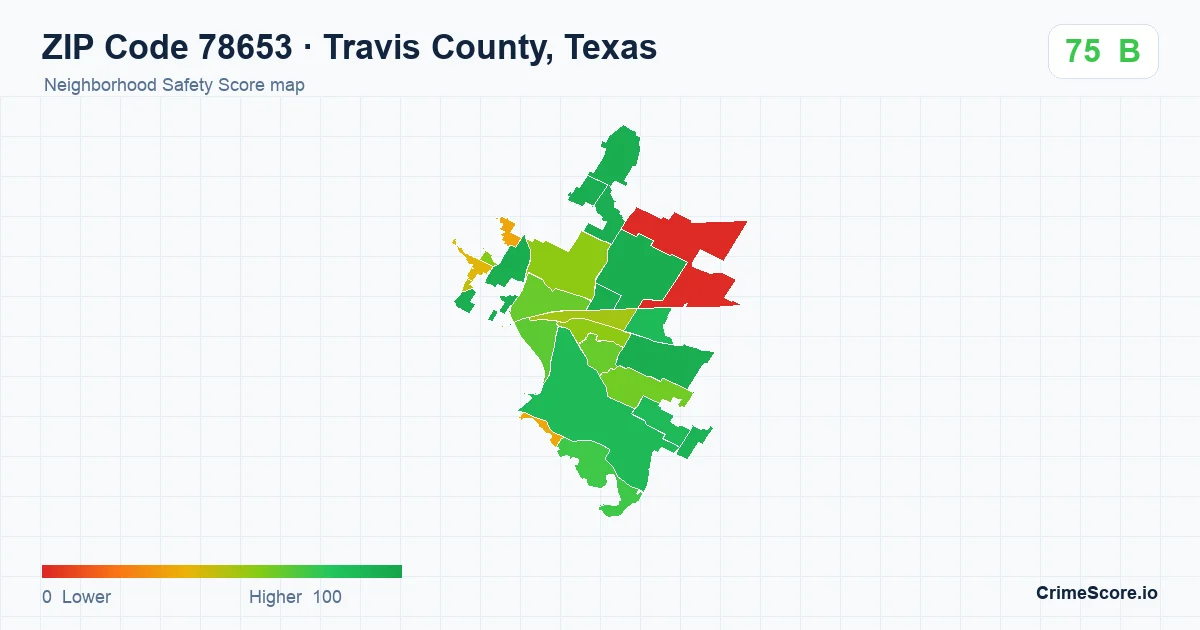 ZIP Code 78653 in Travis County, Texas neighborhood Safety Score map