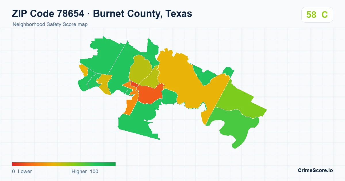 ZIP Code 78654 in Burnet County, Texas neighborhood Safety Score map