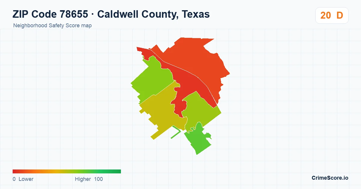 ZIP Code 78655 in Caldwell County, Texas neighborhood Safety Score map