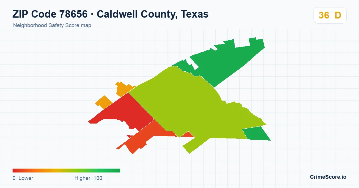 ZIP Code 78656 in Caldwell County, Texas neighborhood Safety Score map