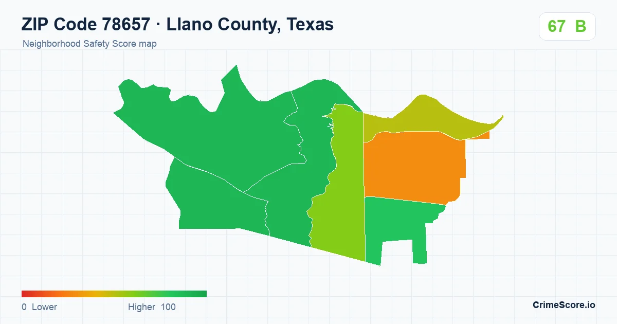 ZIP Code 78657 in Llano County, Texas neighborhood Safety Score map