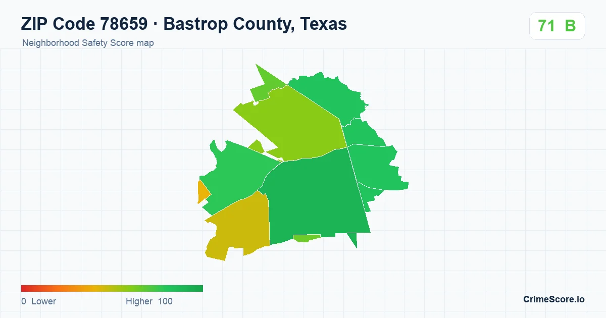 ZIP Code 78659 in Bastrop County, Texas neighborhood Safety Score map