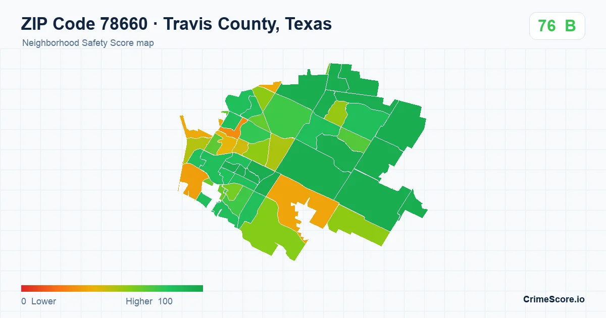 ZIP Code 78660 in Travis County, Texas neighborhood Safety Score map