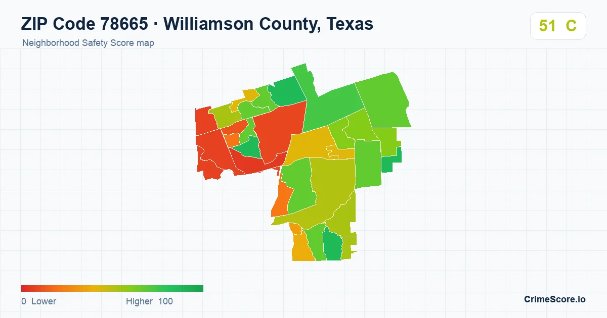 ZIP Code 78665 in Williamson County, Texas neighborhood Safety Score map