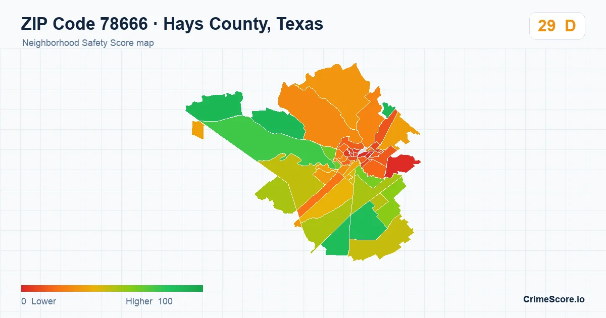ZIP Code 78666 in Hays County, Texas neighborhood Safety Score map