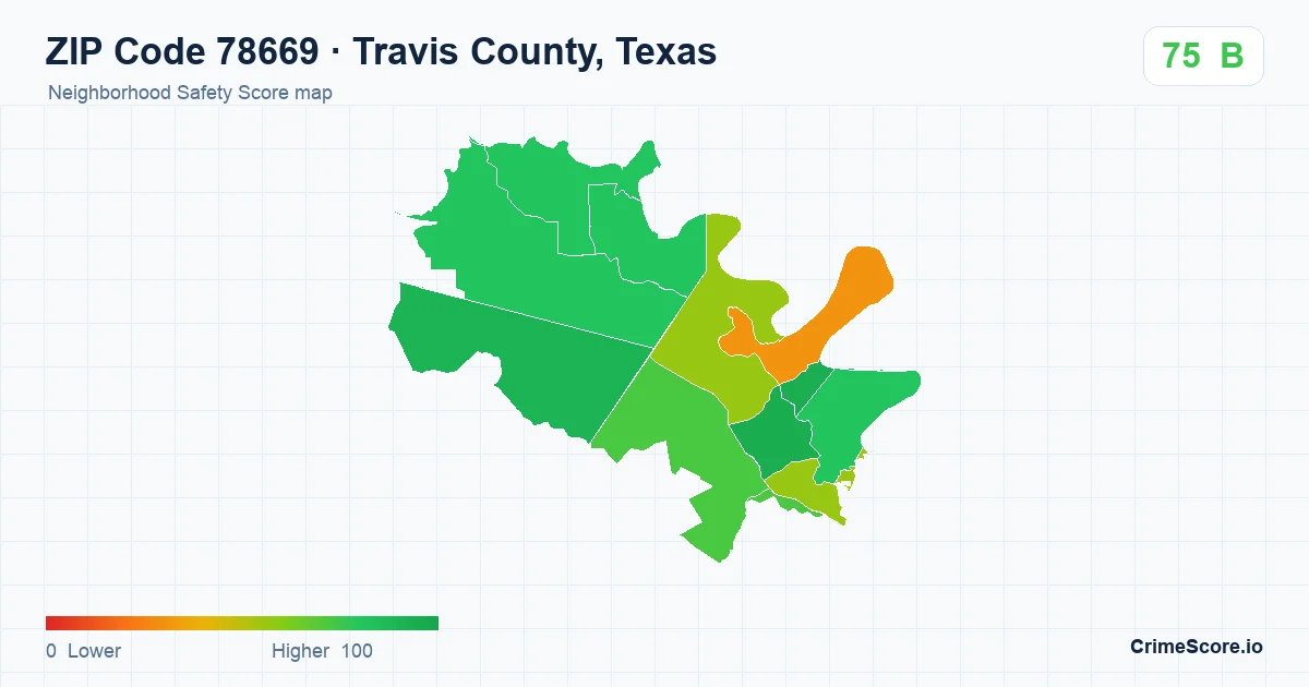 ZIP Code 78669 in Travis County, Texas neighborhood Safety Score map