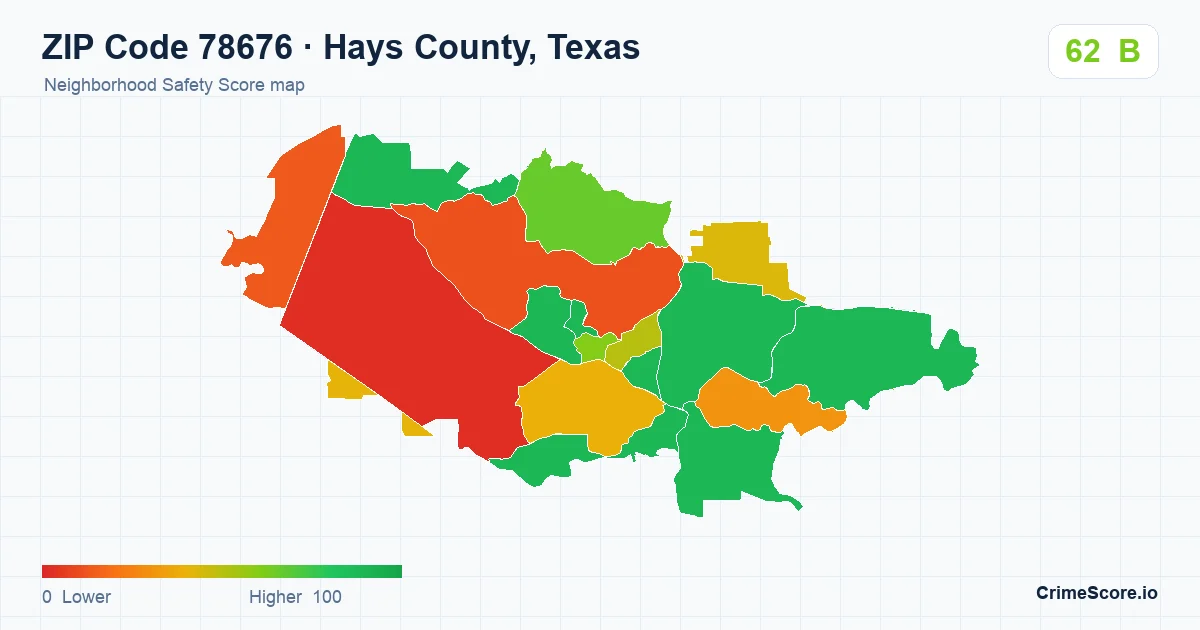 ZIP Code 78676 in Hays County, Texas neighborhood Safety Score map
