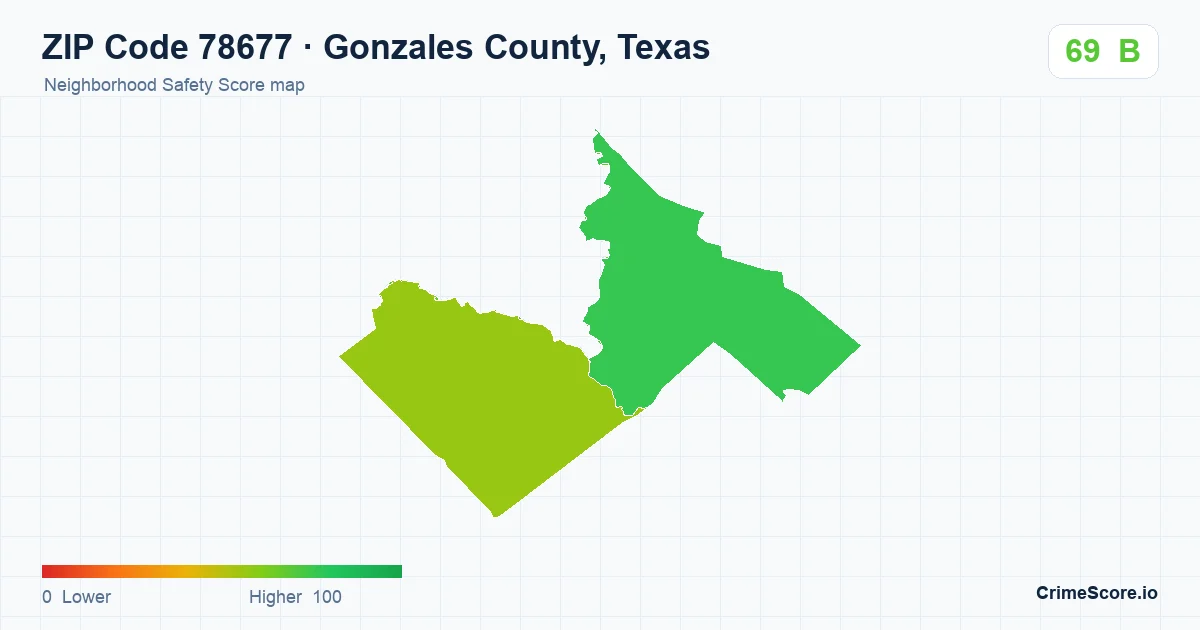 ZIP Code 78677 in Gonzales County, Texas neighborhood Safety Score map