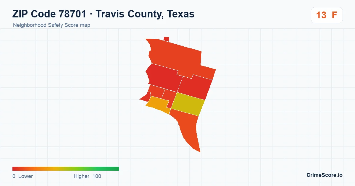 ZIP Code 78701 in Travis County, Texas neighborhood Safety Score map