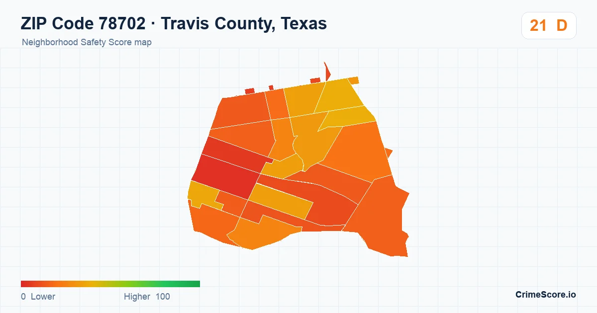 ZIP Code 78702 in Travis County, Texas neighborhood Safety Score map