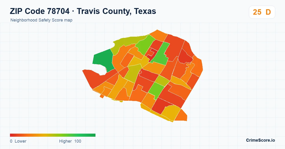 ZIP Code 78704 in Travis County, Texas neighborhood Safety Score map