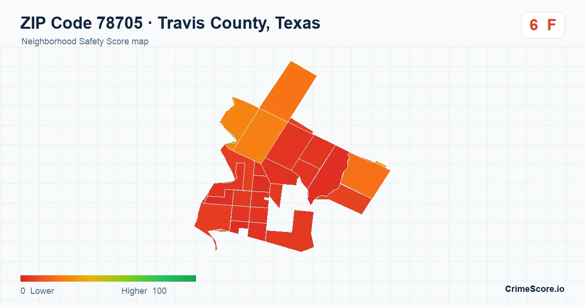 ZIP Code 78705 in Travis County, Texas neighborhood Safety Score map