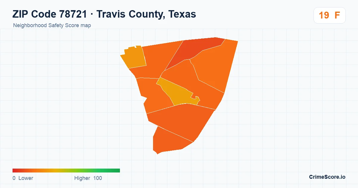 ZIP Code 78721 in Travis County, Texas neighborhood Safety Score map