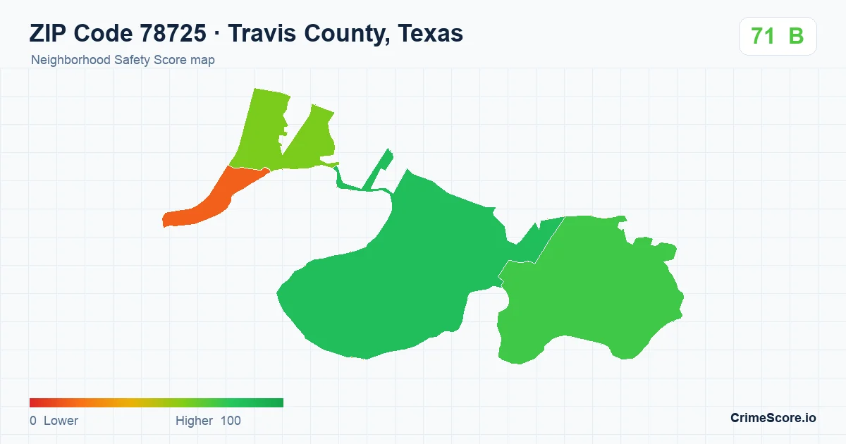 ZIP Code 78725 in Travis County, Texas neighborhood Safety Score map