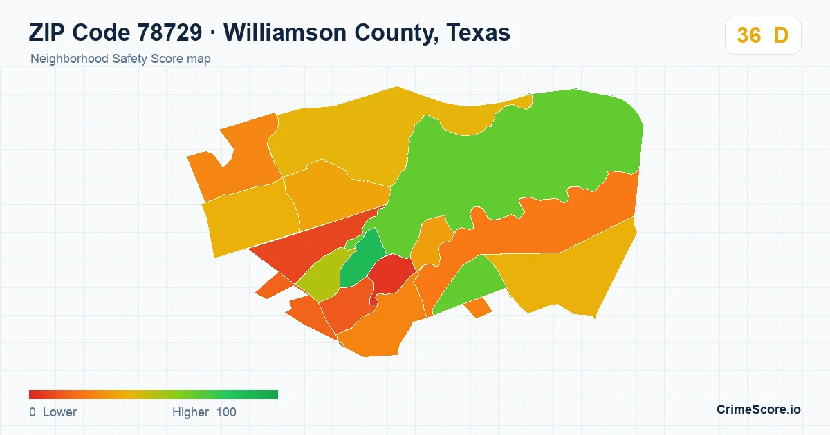 ZIP Code 78729 in Williamson County, Texas neighborhood Safety Score map