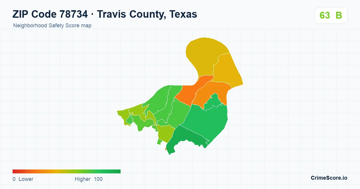 ZIP Code 78734 in Travis County, Texas neighborhood Safety Score map