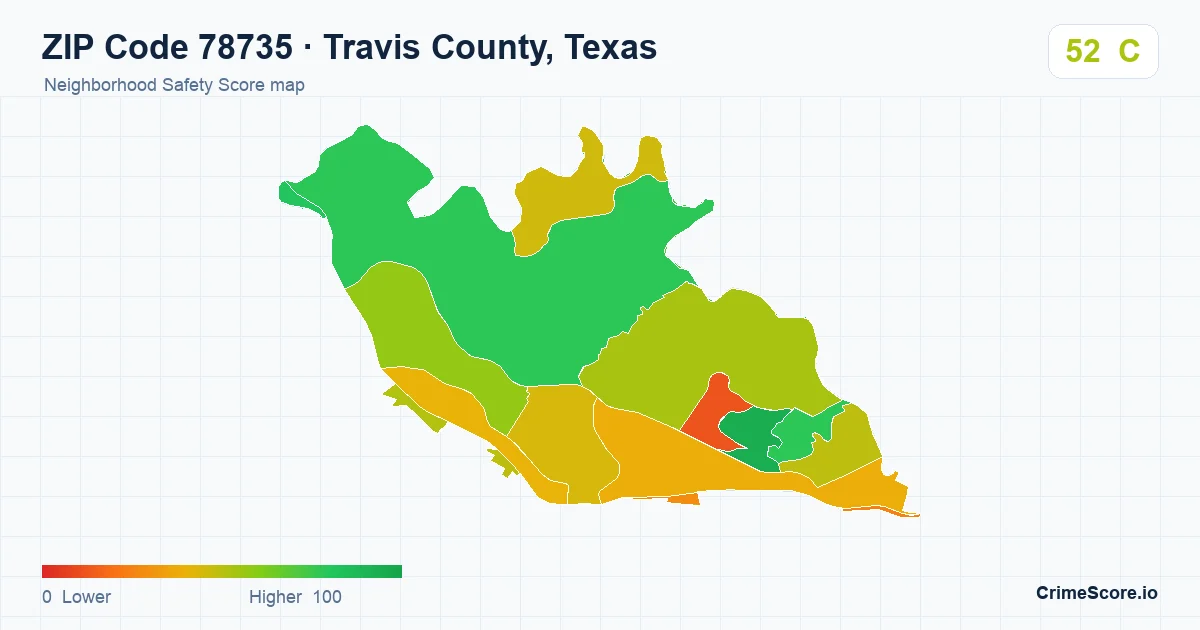 ZIP Code 78735 in Travis County, Texas neighborhood Safety Score map