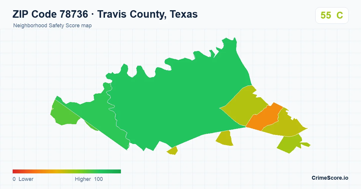 ZIP Code 78736 in Travis County, Texas neighborhood Safety Score map