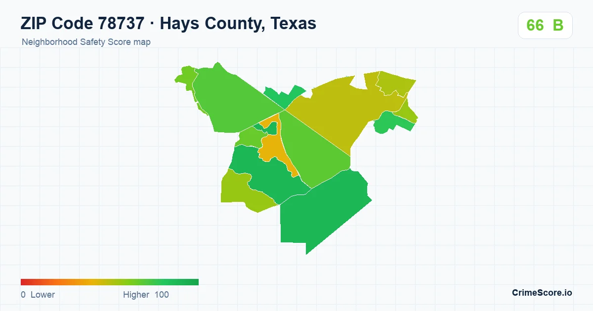 ZIP Code 78737 in Hays County, Texas neighborhood Safety Score map