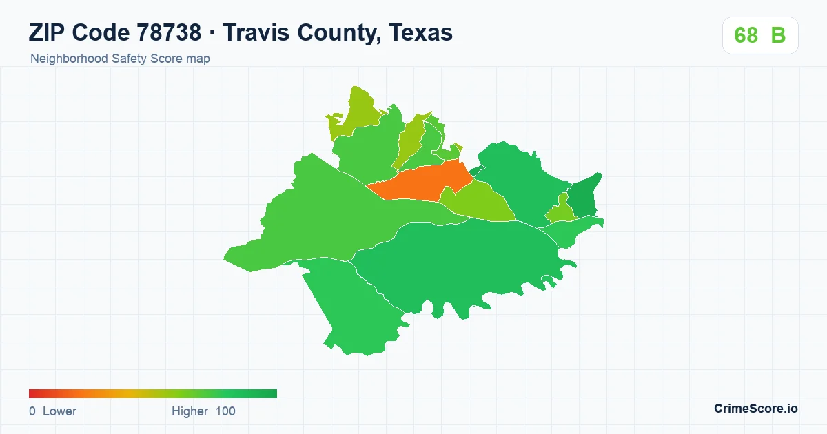 ZIP Code 78738 in Travis County, Texas neighborhood Safety Score map