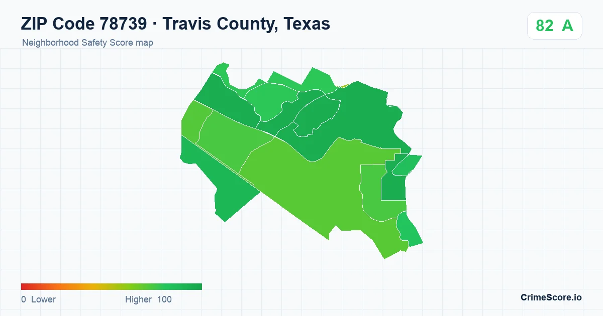 ZIP Code 78739 in Travis County, Texas neighborhood Safety Score map